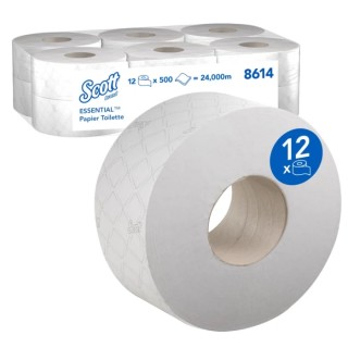 Hostess Commercial Jumbo Toilet Roll 12 Rolls 6000 Sheets 2-Ply 32g/m² Core 76mm Roll Diameter 198mm Series Scott 8614