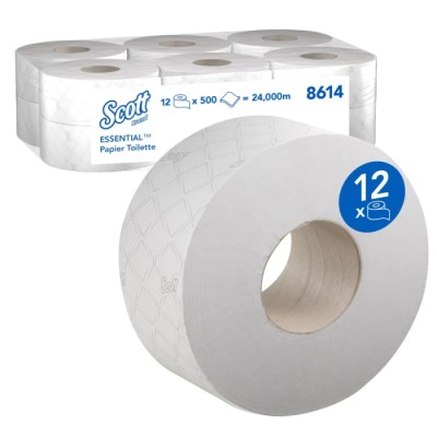 Hostess Commercial Jumbo Toilet Roll 12 Rolls 6000 Sheets 2-Ply 32g/m² Core 76mm Roll Diameter 198mm Series Scott 8614