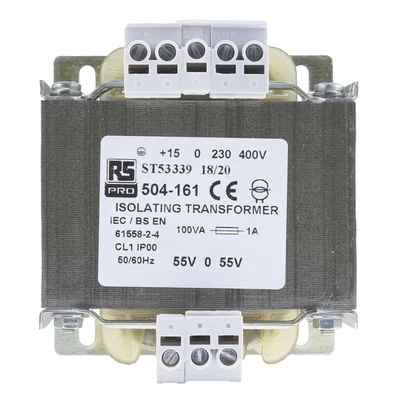 RS PRO 1 Output 100 VA Isolation Transformer, 55 – 0 - 55V AC, IEC61558-2-4 504-161