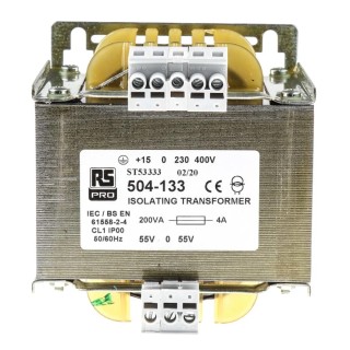RS PRO 1 Output 200 VA Isolation Transformer, 55 – 0 - 55V AC, IEC61558-2-4, Model 504-133