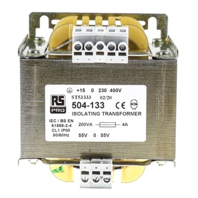 RS PRO 1 Output 200 VA Isolation Transformer, 55 – 0 - 55V AC, IEC61558-2-4, Model 504-133