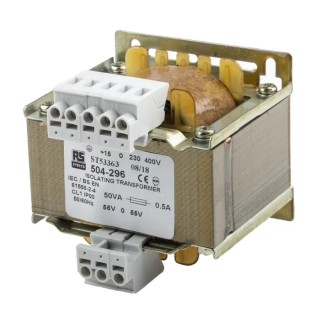 RS PRO Single Phase Chassis Mount 1 Output 50 VA Isolation Transformer 55 - 0 - 55V AC IEC61558-2-4 504-296