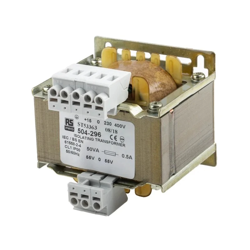 RS PRO Single Phase Chassis Mount 1 Output 50 VA Isolation Transformer 55 - 0 - 55V AC IEC61558-2-4 504-296