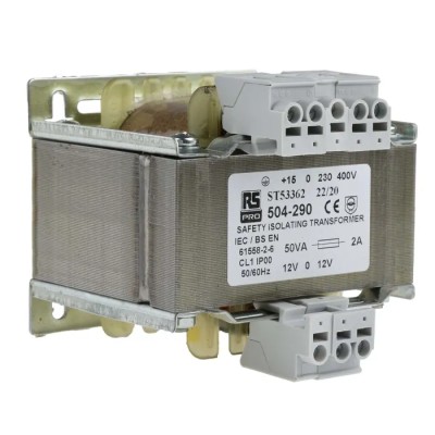 RS PRO 50 VA 1 Output Isolation Transformer, Primary +15-0-230-400V AC, Secondary 12-0-12V AC, IEC61558-2-6 504-290
