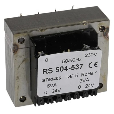 RS PRO PCB Transformer 5 to 24 V ac 2 Output Through Hole, 230 V ac Primary, 12VA Power, Dual Secondary Winding 504-537