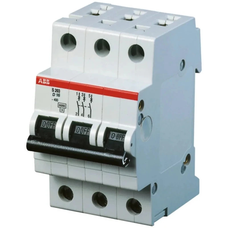 ABB System Pro M Compact S200 Miniature Circuit Breaker, 3-Pole, 6A, Type D Tripping, 440V AC, 110V 2CDS253001R0061 S203-D6