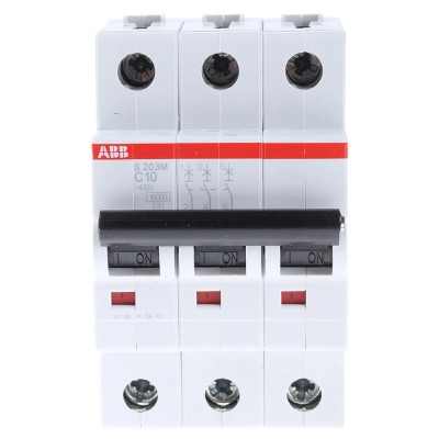 ABB System Pro M Compact Miniature Circuit Breaker 3-Pole 10A Type C 440V AC 12V DC 10kA Breaking 2CDS273001R0104 S203M-C10