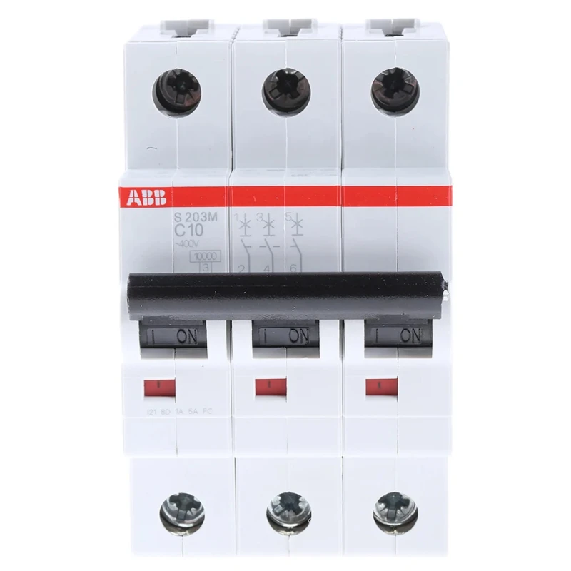 ABB System Pro M Compact Miniature Circuit Breaker 3-Pole 10A Type C 440V AC 12V DC 10kA Breaking 2CDS273001R0104 S203M-C10