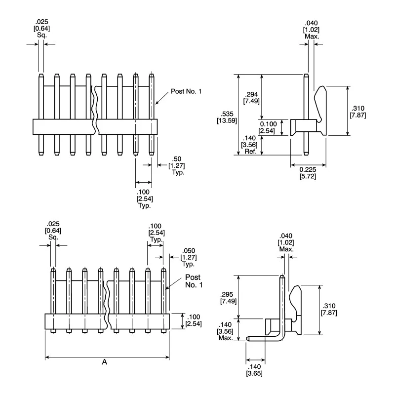 TE Connectivity MTA-100 Series Right Angle Through Hole Pin Header 4 Contacts 2.54 mm Pitch 1 Row Unshrouded 640457-4