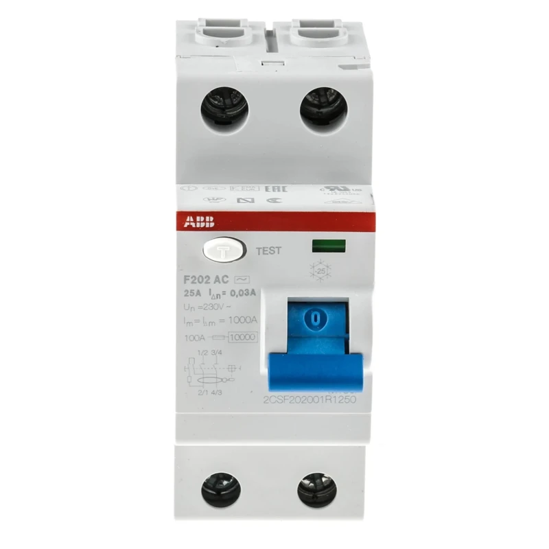 ABB F200 Series Residual Current Circuit Breaker 25A 2-Pole 30mA Type AC 230V AC 2CSF202001R1250 F202 AC-25/0,03