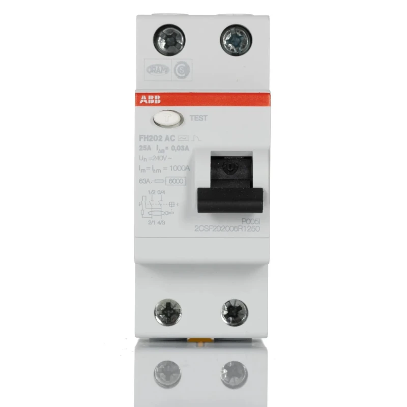 ABB Residual Current Circuit Breaker 25A, 2-Pole, 30mA Trip Sensitivity, Type AC, 1kA Breaking Capacity, DIN Rail Mount FH200