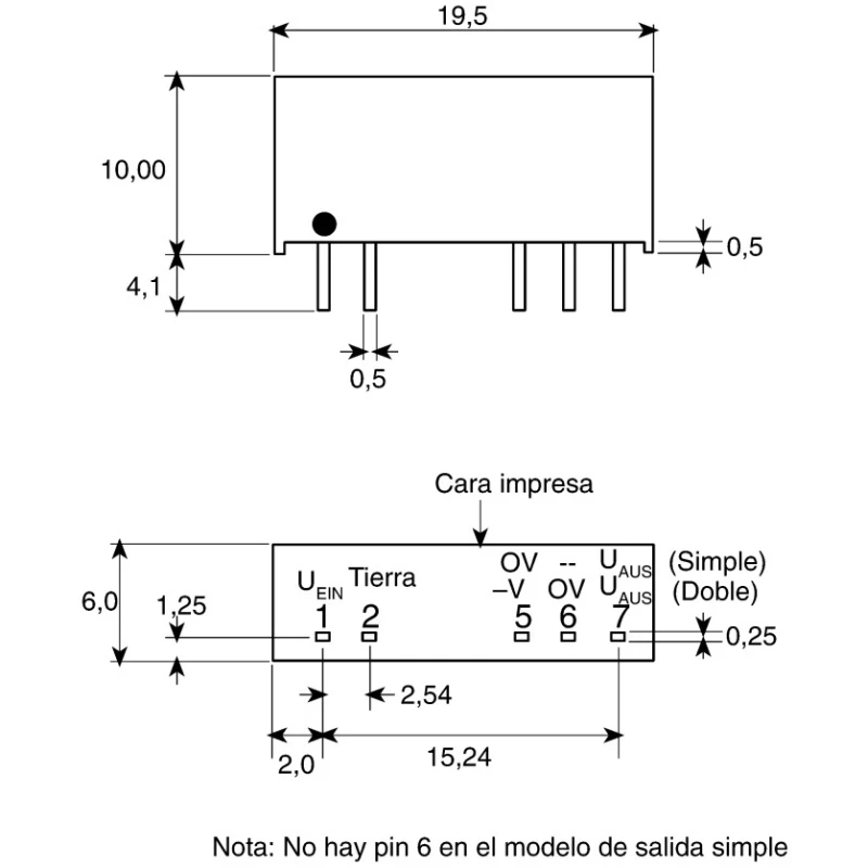 Murata Power Solutions DC/DC Converter 15V DC 67mA 5.5V / 4.5V Input 1W Through Hole SIP7 Package NMV0515SAC