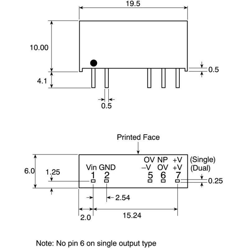 Murata Power Solutions DC/DC Converter 15V DC 67mA 5.5V / 4.5V Input 1W Through Hole SIP7 Package NMV0515SAC