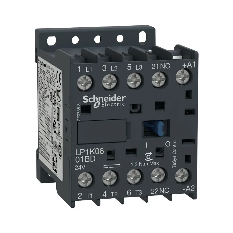 Schneider Electric LP1K Contactor, 24V DC Coil, 3-Pole, 6 A, 2.2 kW Power Rating, 3 NO, 690V AC LP1K0601BD