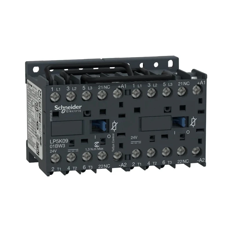 Schneider Electric LP5K Reversing Contactor, 24V DC Coil, 3-Pole, 9 A, 4 kW, 3 NO, 690V AC LP5K0901BW3