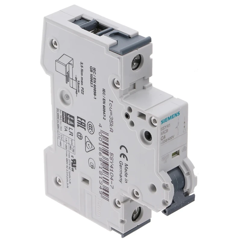 Siemens SENTRON Miniature Circuit Breaker 1-Pole 4A Type C 400V AC 60V DC 10 kA Breaking Capacity 5SY4104-7