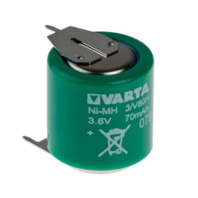 Varta 3.6 V NiMH Button Rechargeable Battery 80 mAh PCB Terminals 15.5mm Diameter 19.9mm Height 55608603059