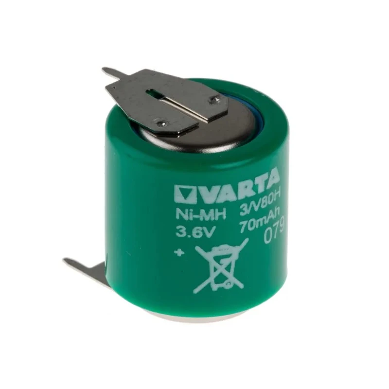Varta 3.6 V NiMH Button Rechargeable Battery 80 mAh PCB Terminals 15.5mm Diameter 19.9mm Height 55608603059