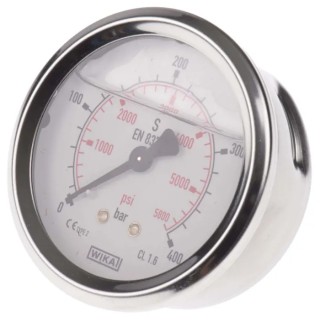 WIKA Pressure Gauge 63 mm Dial Size, G 1/4 Copper Alloy Connection, 400 bar Maximum Pressure, Stainless Steel Case 9314203