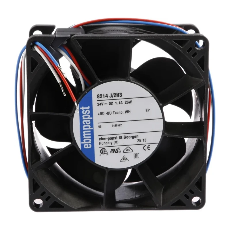 ebm-papst 8200 J Series Axial Fan 24V DC 26W Power 190 m³/h Air Flow IP68 Rated 80mm x 80mm x 38mm Dimensions 