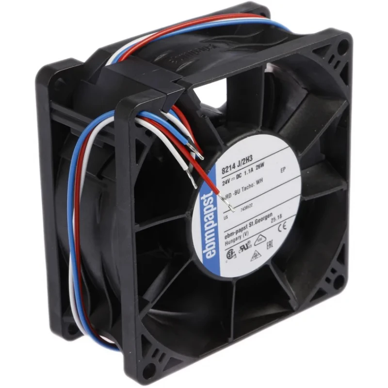 ebm-papst 8200 J Series Axial Fan 24V DC 26W Power 190 m³/h Air Flow IP68 Rated 80mm x 80mm x 38mm Dimensions 