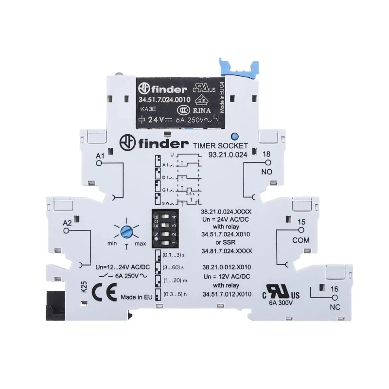 Finder 38 Series DIN Rail Timer Relay, 1-Contact, 60 V dc 24V ac, 0.1 s to 6 h Multifunction-Function SPDT 38.21.0.024.0060