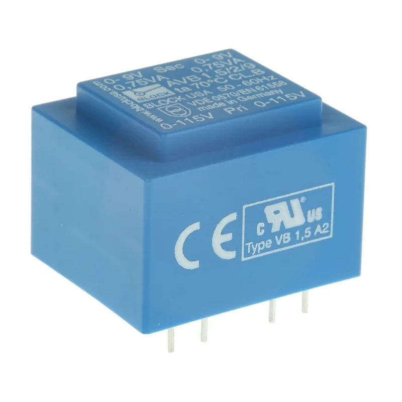 Block 9 V AC 2 Output Pin PCB Transformer, C-UL-US, ENEC 10 (VDE) 1.5 VA AVB1.5/2/9