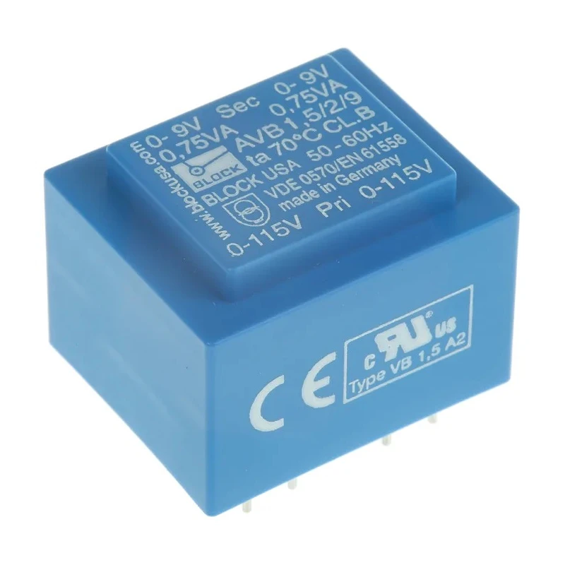 Block 9 V AC 2 Output Pin PCB Transformer, C-UL-US, ENEC 10 (VDE) 1.5 VA AVB1.5/2/9