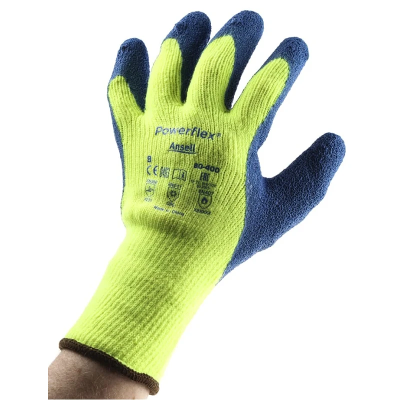Ansell PowerFlex Yellow Acrylic Work Gloves Size 9 Latex Coating 80400090