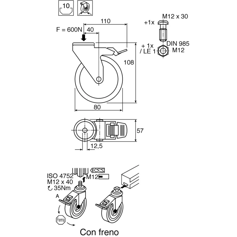 Bosch Rexroth M12 Thread Thermoplastic Rubber Castor 10 mm Groove 3842541234