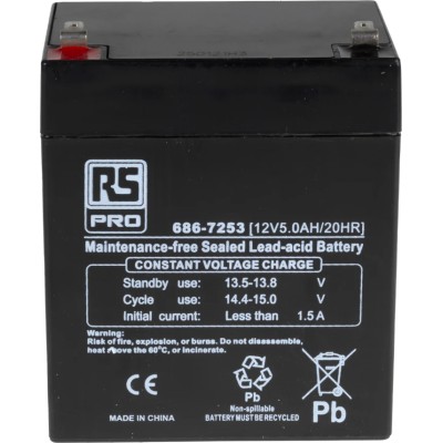 RS PRO 12 V, T1 Sealed Lead Acid Battery, 5 Ah, AGM Construction, 101mm x 90mm 686-7253