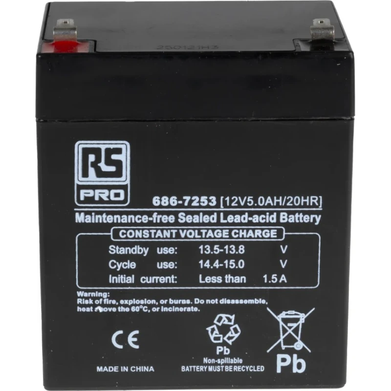 RS PRO 12 V, T1 Sealed Lead Acid Battery, 5 Ah, AGM Construction, 101mm x 90mm 686-7253