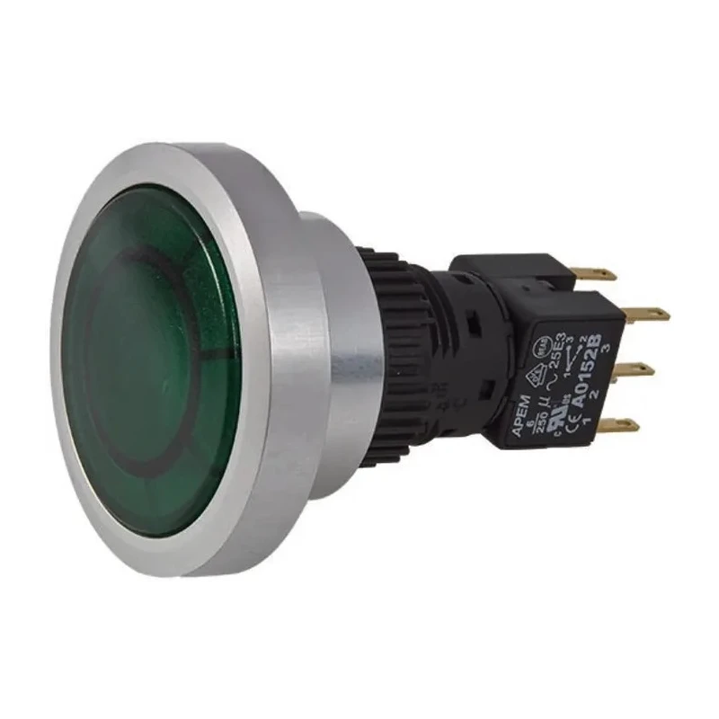 APEM A9 Series Illuminated Push Button Switch, Momentary, Panel Mount, 30 mm Cutout, DPDT, Green LED, IP65, 12V A9PFA1Y2EK2