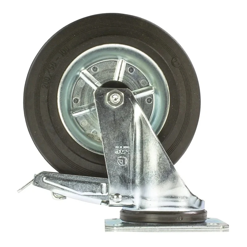 LAG Braked Swivel Castor, 230 kg Load Capacity, 200 mm Rubber Wheel, Galvanised Steel Frame, Roller Bearing, Model 12286 FR