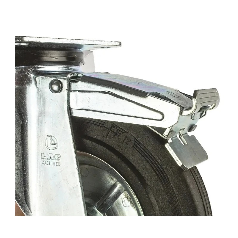 LAG Braked Swivel Castor, 230 kg Load Capacity, 200 mm Rubber Wheel, Galvanised Steel Frame, Roller Bearing, Model 12286 FR
