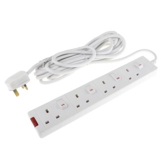 RS PRO 5 m 4 Socket Type G British Extension Lead Power Strips 13A Polycarbonate White 696-3648