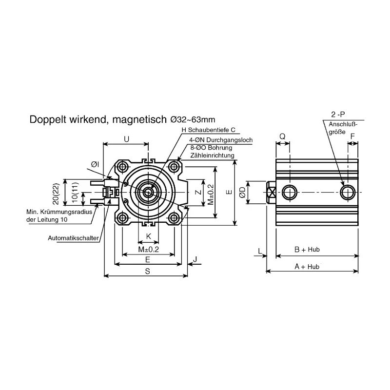 SMC Pneumatic Compact Cylinder 32mm Bore 100mm Stroke Double Acting Aluminium Alloy Body CDQ2B32TF-100DZ