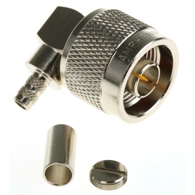 Amphenol RF N Type Series Coaxial Connector Cable Male N Connector, 50 Ω, Right Angle Body Crimp N1112B1-001-NT3G-1-50