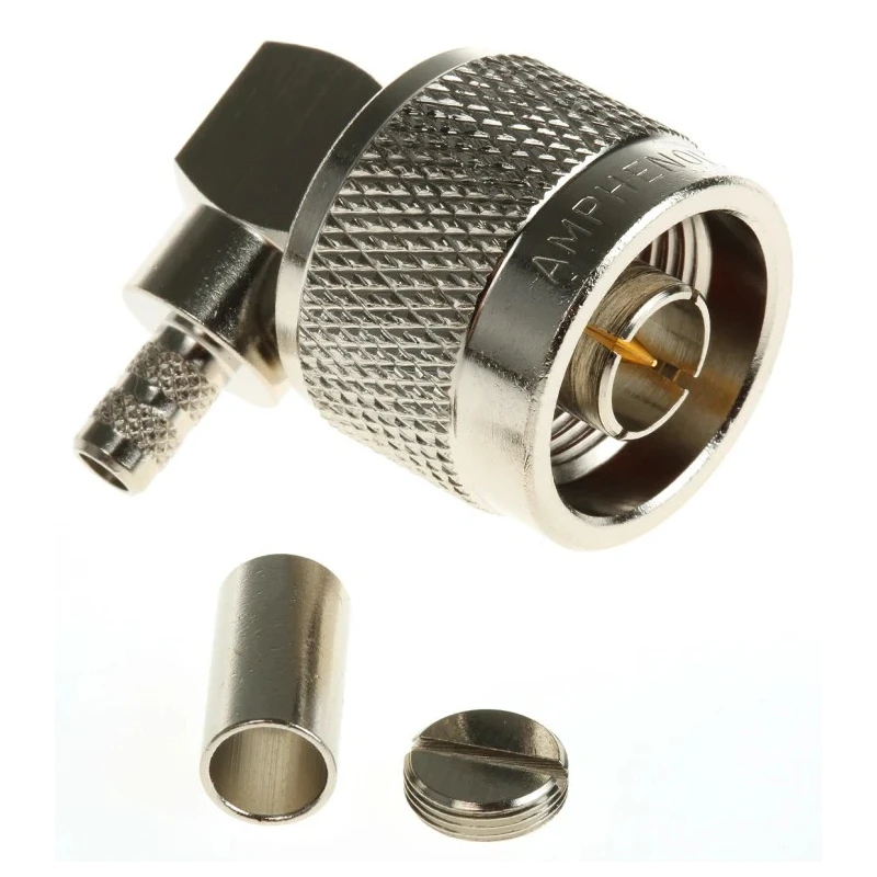 Amphenol RF N Type Series Coaxial Connector Cable Male N Connector, 50 Ω, Right Angle Body Crimp N1112B1-001-NT3G-1-50