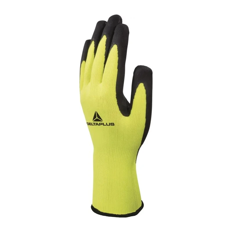 Delta Plus APOLLON VV733 Black Fluorescent Yellow Polyester Work Gloves Size 7 Latex Coating VV733
