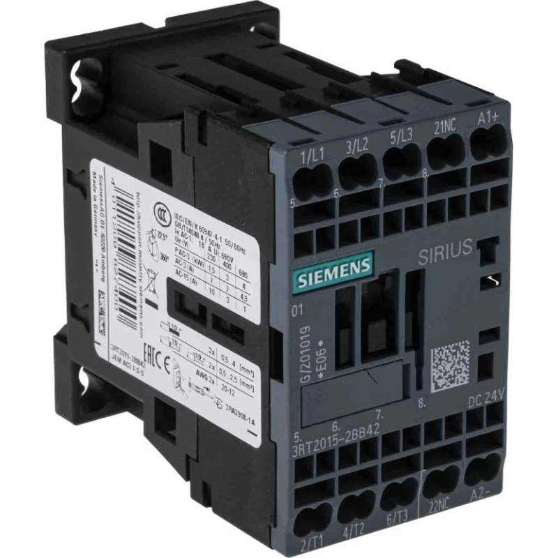 Siemens 3RT2 Contactor, 24V DC Coil, 3-Pole, 7 A, 3 kW, 3 NO, 400V AC 3RT2015-2BB42