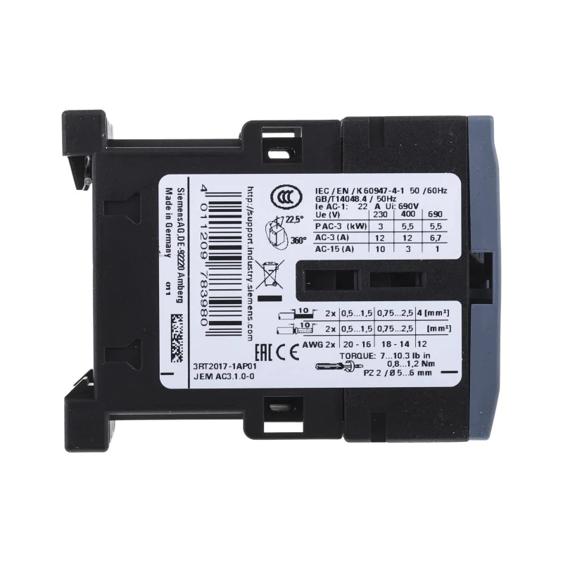 Siemens 3RT2 Motor Control Contactor 3-Pole 12 A 5.5 kW 230V AC Coil with 3 NO Contacts 3RT2017-1AP01
