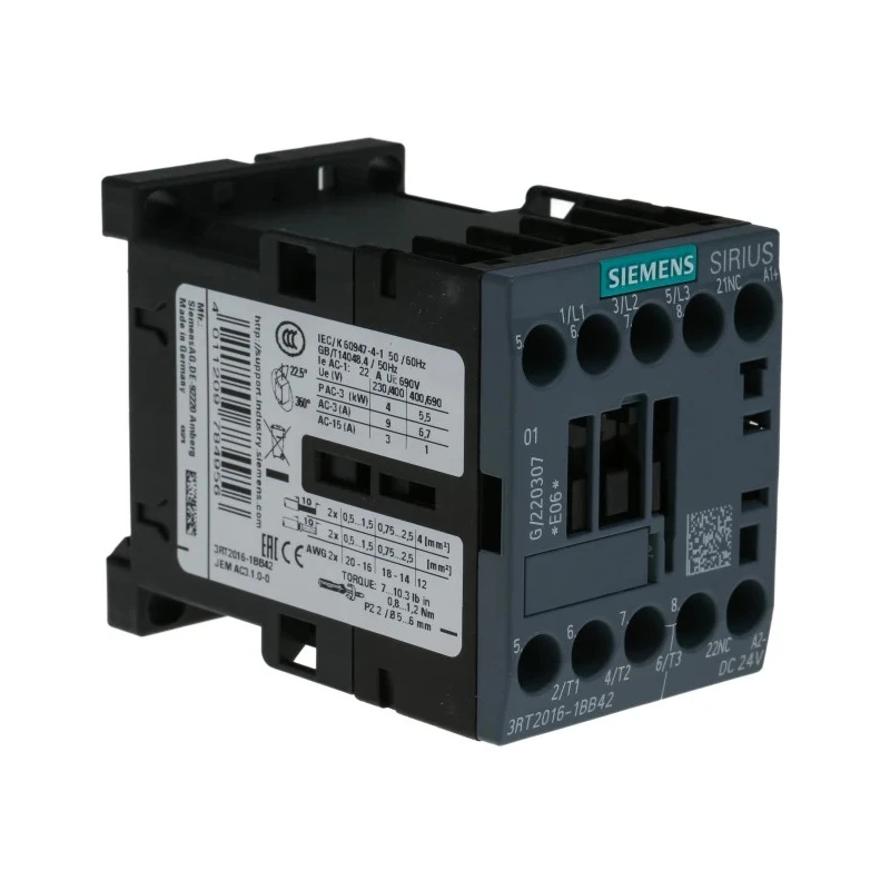 Siemens 3RT2 Power Contactor, 24V DC Coil, 3-Pole, 9 A, 4 kW, Screw Clamp, DIN Rail Mount 3RT2016-1BB42