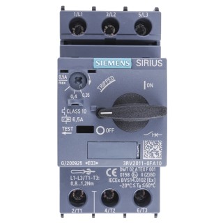 Siemens Motor Protection Circuit Breaker 350 mA, 500 mA, 690V, Magnetic Sensing, 3 Pole, IP20, -20 to 60°C 3RV2011-0FA10