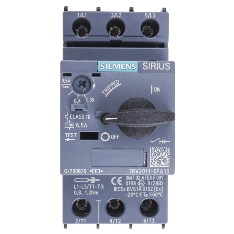 Siemens Motor Protection Circuit Breaker 350 mA, 500 mA, 690V, Magnetic Sensing, 3 Pole, IP20, -20 to 60°C 3RV2011-0FA10
