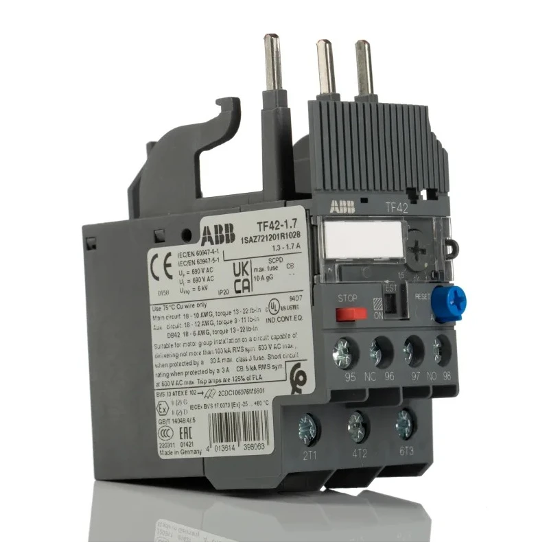 ABB Thermal Overload Relay 1 NO/1 NC 1.3-1.7 A F.L.C, 1.7 A Contact Current, 2 W Power, 3 Pole TF42