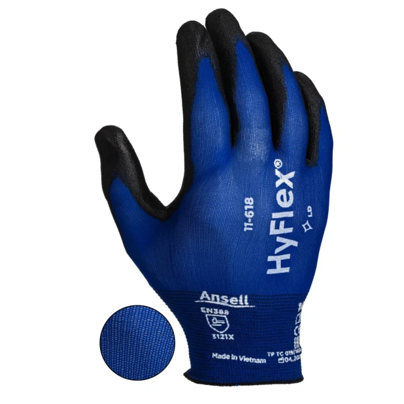 Ansell HyFlex 11-618 Blue Nylon Work Gloves Size 8 Polyurethane Coating 11618080
