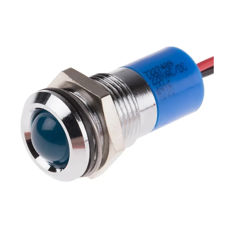 RS PRO Blue Panel Mount Indicator 220V AC 3mA Lead Wire Termination IP67 Silver Bezel 14mm Mount 722-7489