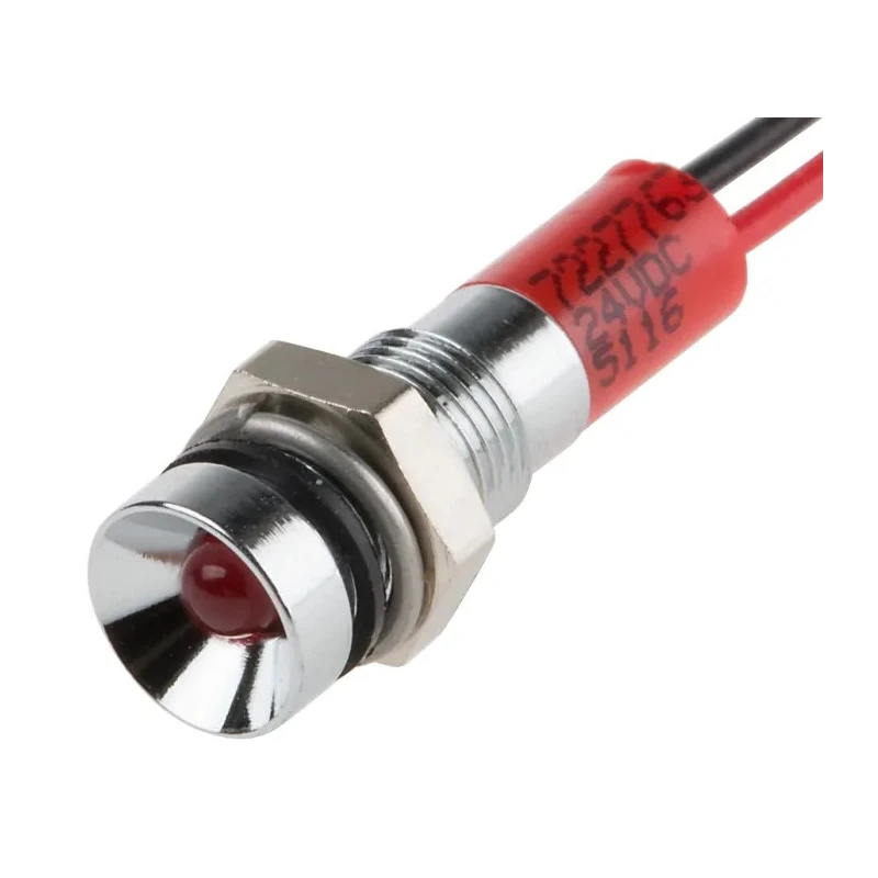 RS PRO Red Panel Mount Indicator 24V dc 20mA Lead Wire Termination IP67 Recessed Silver Bezel 722-7763