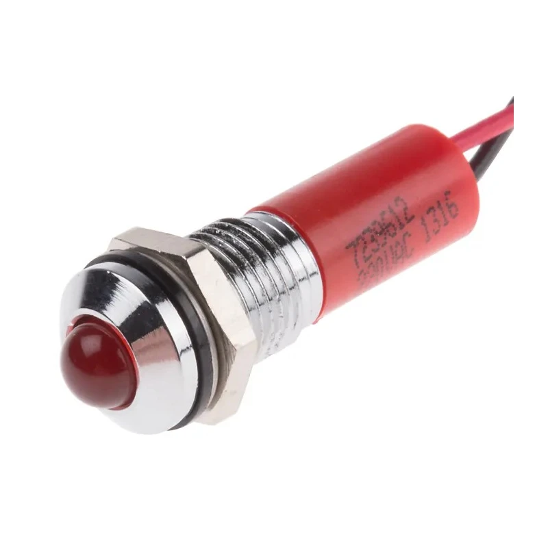 RS PRO Red Panel Mount Indicator, 220V AC, 3mA Current, Lead Wire Termination, IP67 Rating, Prominent Silver Bezel 723-9612